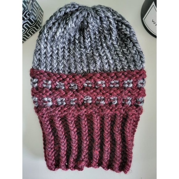 Two-Tone Waffle-Base Knit Beanie - Charcoal/Burgundy (Handmade) - Picture 8 of 12